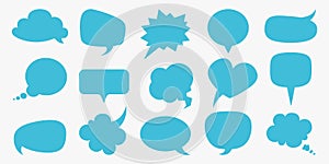 Speech bubbles. Blue blank comment balloons set, thought empty text bubble symbol, comic think cloud different forms