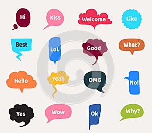 Speech bubbles. Cartoon clouds with interrogative and greeting short phrases. Frames with words of agreement and