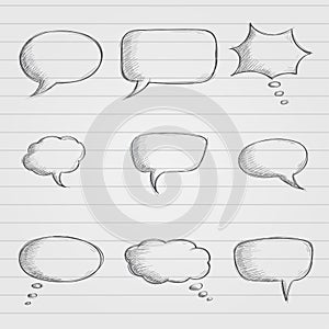 Speech bubbles. Chat symbols on lined paper. Black hand drawn sketch in grunge style