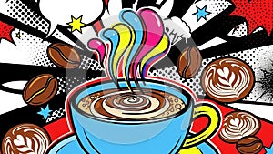 Speech bubbles and comic book elements, creating a dynamic and playful