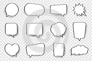 Speech bubbles in comic book style. Empty speech bubbles with halftone effect in pop art style. Dialog and discussion, thinking