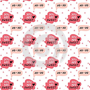 Speech bubbles with compliment phrases, self love quotes pattern