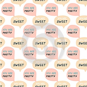 Speech bubbles with compliment phrases, self love quotes pattern