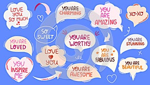 Speech bubbles with compliment phrases set, self love quotes.