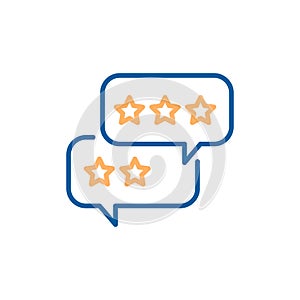 Speech bubbles with customer feedback. Vector thin line icon with chat balloons and stars.