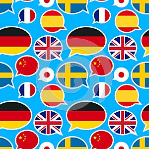 Speech bubbles with different flags on blue background