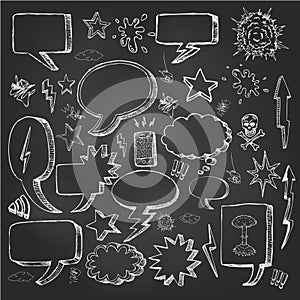 Speech bubbles doodles in black chalkboard