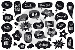 Speech bubbles doodles set. Black doodle speech bubbles collection. Hand drawn in comic style vector illustration