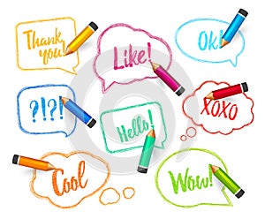 Speech bubbles drawn with pencil. Set of multicolored doodle banners with short messages. Sketch clouds with quotes