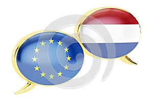 Speech bubbles, EU-Netherlands conversation concept. 3D rendering