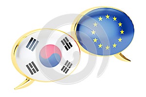 Speech bubbles, EU-South Korea conversation concept. 3D rendering