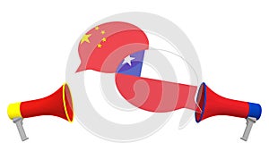 Speech bubbles with flags of Chile and China. Intercultural dialogue or international talks related 3D animation