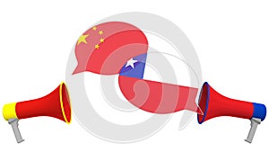 Speech bubbles with flags of Chile and China. Intercultural dialogue or international talks related 3D rendering