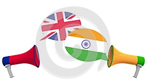 Speech bubbles with flags of India and the United Kingdom. Intercultural dialogue or international talks related 3D