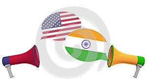 Speech bubbles with flags of India and the USA. Intercultural dialogue or international talks related 3D rendering