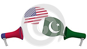 Speech bubbles with flags of Pakistan and the USA. Intercultural dialogue or international talks related 3D rendering