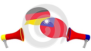 Speech bubbles with flags of Taiwan and Germany. Intercultural dialogue or international talks related 3D rendering