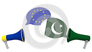 Speech bubbles with flags of Pakistan and the European Union EU. Intercultural dialogue or international talks related