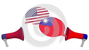 Speech bubbles with flags of Taiwan and the USA and loudspeakers. Intercultural dialogue or international talks related