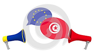 Speech bubbles with flags of Tunisia and the European Union EU. Intercultural dialogue or international talks related 3D