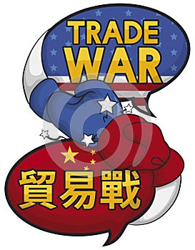 Speech Bubbles with Gloves Fighting during Trade War, Vector Illustration