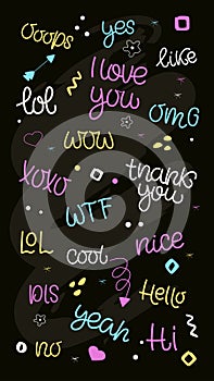 SPEECH BUBBLES hand draw set of Colorful bubble talk phrases dialog words