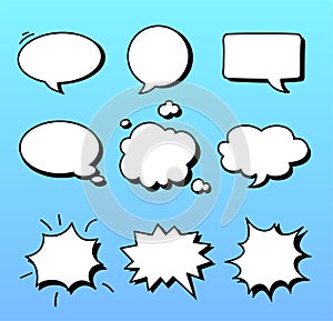 Speech bubbles icons set for comics. Callout clouds cartoon illustrations. Vector icons collection