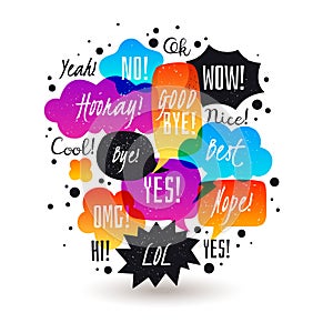 Speech bubbles illustration. Colored semitransparent doodle speech bubbles collection. Hand drawn in grunge style vector