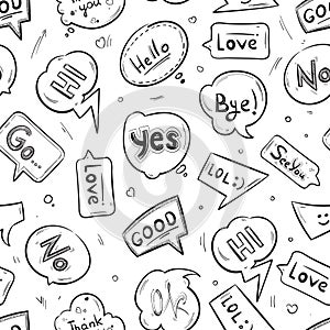 Speech bubbles with internet chat words hand drawn vector seamless pattern