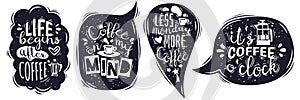 Speech bubbles lettering emblems. Coffee lettering speech bubbles emblems collection. Hand drawn in comic style vector