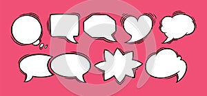 Speech bubbles in oval, rectangular, heart and star shapes. Set of speech boxes isolated in red background. Vector