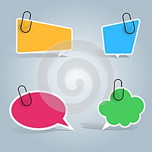 Speech bubbles, pin, clip icon. Dialog box info. photo