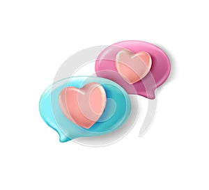 Speech bubbles with with red heart. 3d vector illustration with red heart. Realistic Elements for romantic design. Isolated object