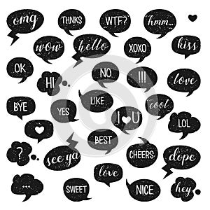 Speech bubbles set. Yes, Bye, Hi, Like, Love, Kiss, Best, No, Thnks, Hmm, Cool, Cheers, Ok, Dope, Omg.