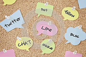 Speech bubbles with social media concepts on pinboard