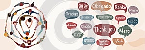 Speech bubbles text -thank you- in various languages.Group of people in circle - top view-