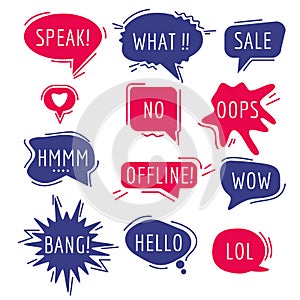 Speech bubbles text. Thinking words and phrase sound humor sticker communication tags speaking expression comic vector