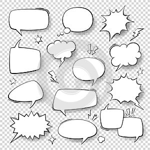 Speech bubbles. Vintage word bubbles, retro bubbly comic shapes. Thinking clouds with halftone vector set