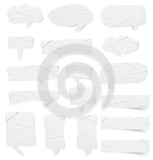 Speech bubbles white stickers paper background, blank labels tags