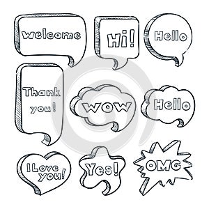 Speech bubbles with words and phrases, vector sketch illustration. Hand drawn comic text clouds with messages.