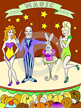 Speech in the circus magician color book for children cartoon illustration.