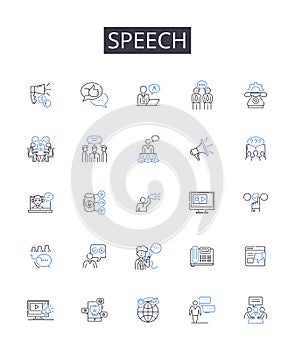 Speech line icons collection. Delivery, Oratory, Discourse, Verbalization, Dialogue, Expression, Conversation vector and photo