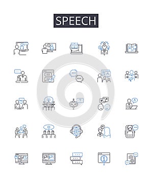 Speech line icons collection. Delivery, Oratory, Discourse, Verbalization, Dialogue, Expression, Conversation vector and photo
