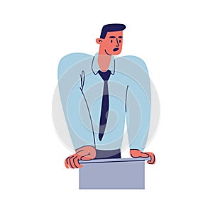 Speech at the podium. A man in a blue shirt with a tie is talking in a shirt and tie. Vector illustration of male