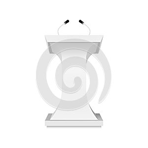 Speech podium mockup. White tribune with microphones. Rostrum stand vector illustration.