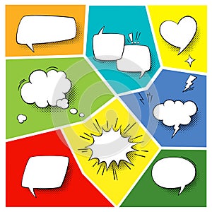 Speech popart elements. Comic cartoon shapes for dialogs thinking and talking on varicoloured backgrounds set