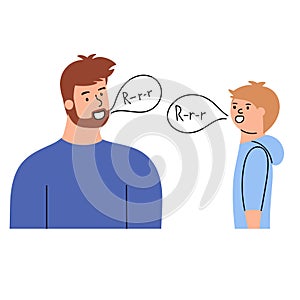The speech therapist teaches the boy language skills, articulations. A man talks to a child. Vector hand drawn illustration photo