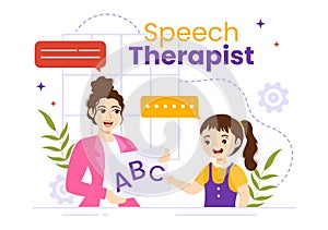 Speech Therapist Vector Illustration with Child Training Basic Language Skills and Articulation Problem in Flat Cartoon Hand Drawn