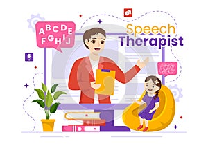 Speech Therapist Vector Illustration with Child Training Basic Language Skills and Articulation Problem in Flat Cartoon Hand Drawn