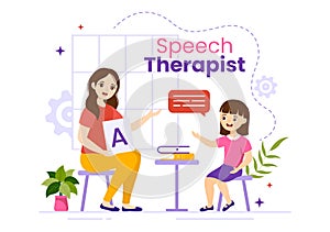 Speech Therapist Vector Illustration with Child Training Basic Language Skills and Articulation Problem in Flat Cartoon Hand Drawn